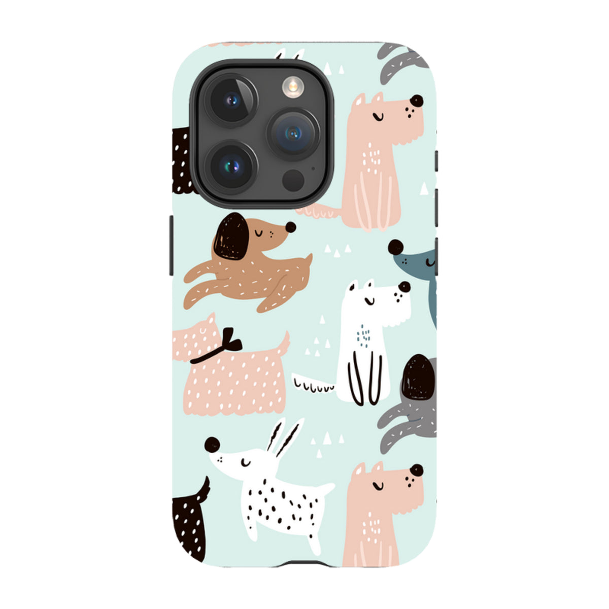 iPhone tough case with a light blue background featuring a playful, high-definition pattern of various cartoon dogs.