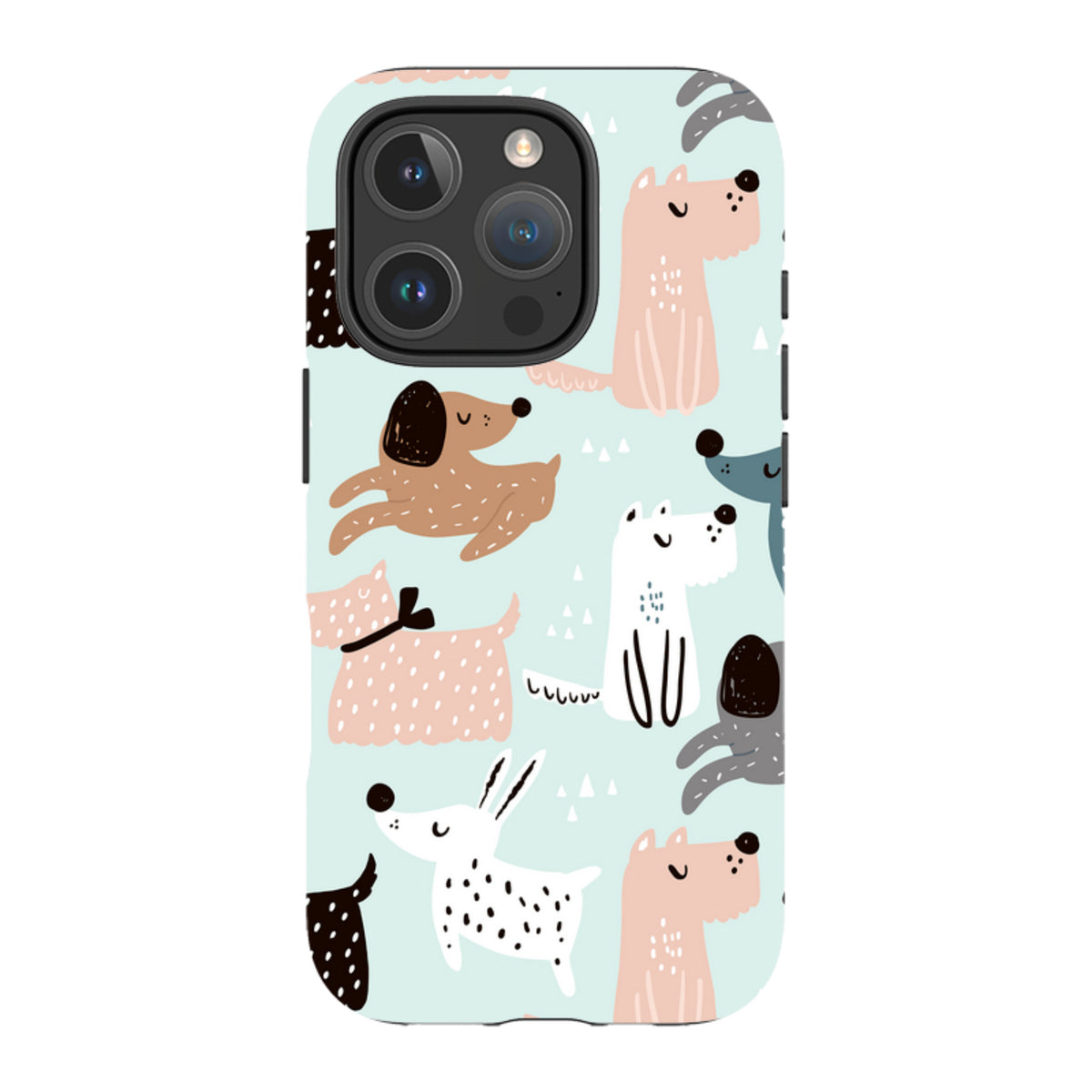 iPhone tough case with a light blue background and a playful, colorful pattern of various illustrated dogs.