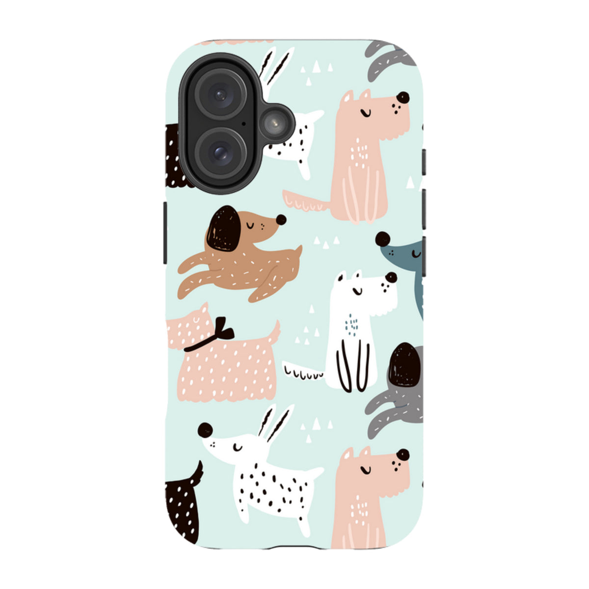 iPhone tough case with a light blue background and a playful, colorful pattern of illustrated dogs in various styles.