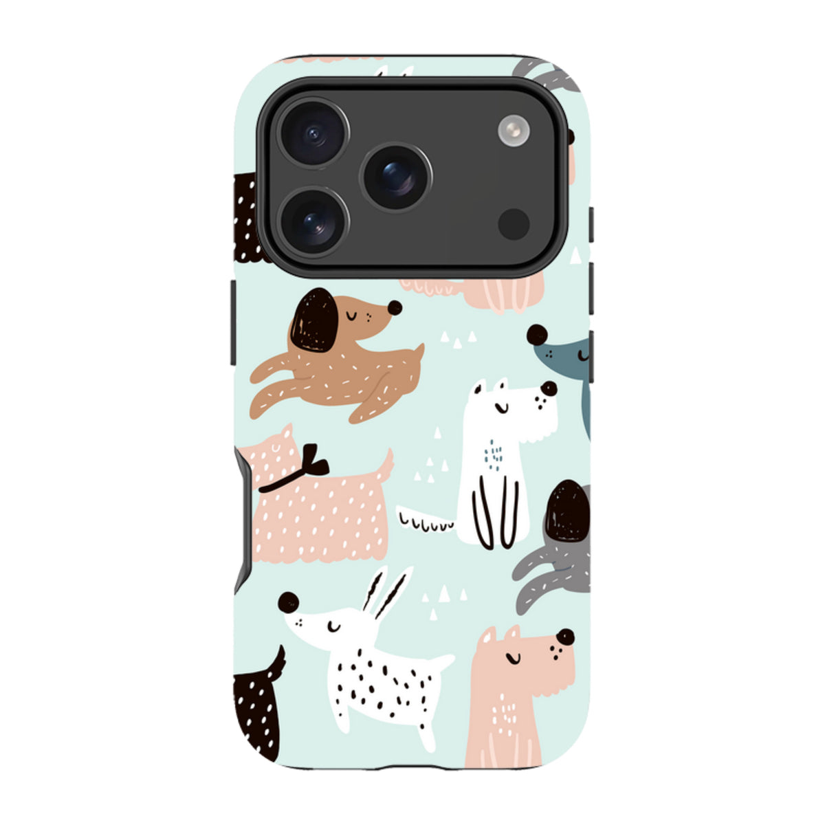 iPhone tough case with a light blue background and a playful, colorful pattern of various illustrated dog breeds.