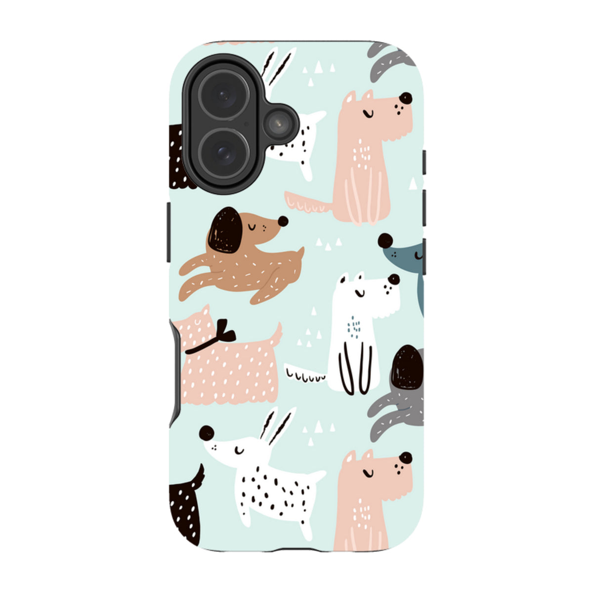 iPhone tough case with a light blue background featuring a playful, multi-colored pattern of illustrated dogs.