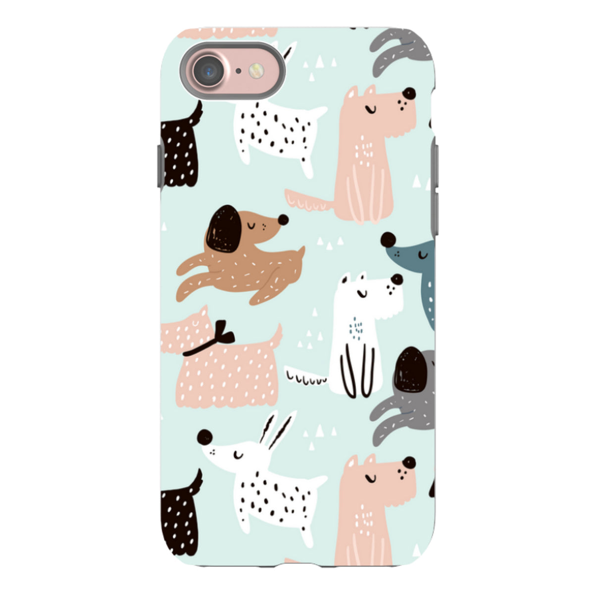 iPhone tough case with a cute, colorful dog pattern on a light blue background, featuring dual-layer protective design.