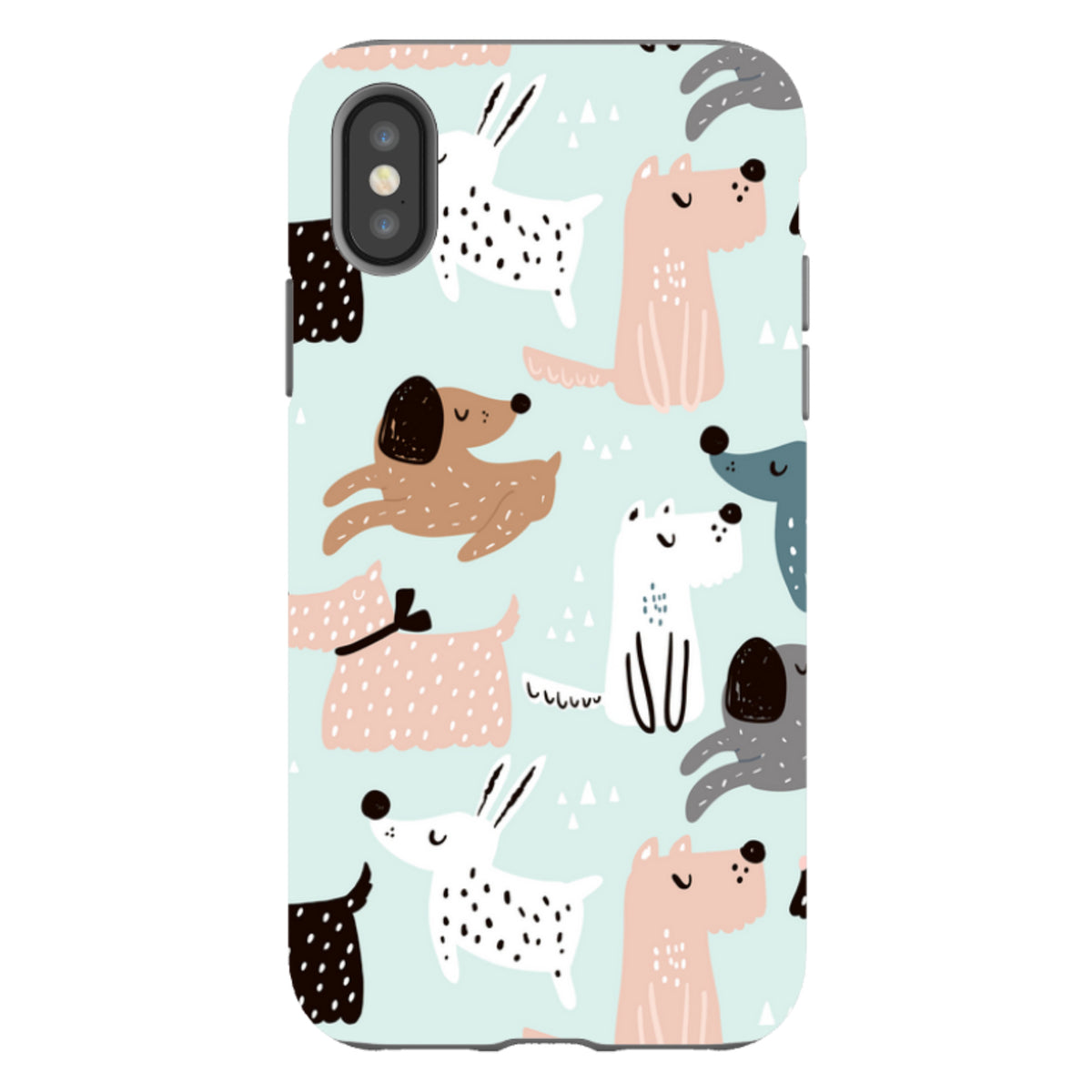 iPhone tough case with a light blue background featuring a playful, multi-colored pattern of illustrated dogs.