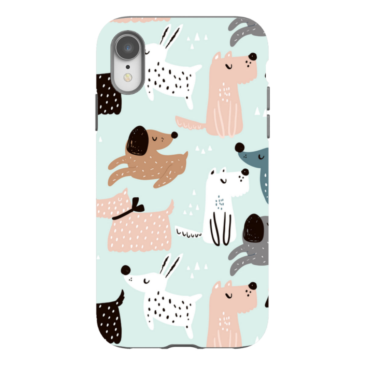 iPhone tough case with a light blue background featuring a playful, multi-colored illustrated dog pattern.