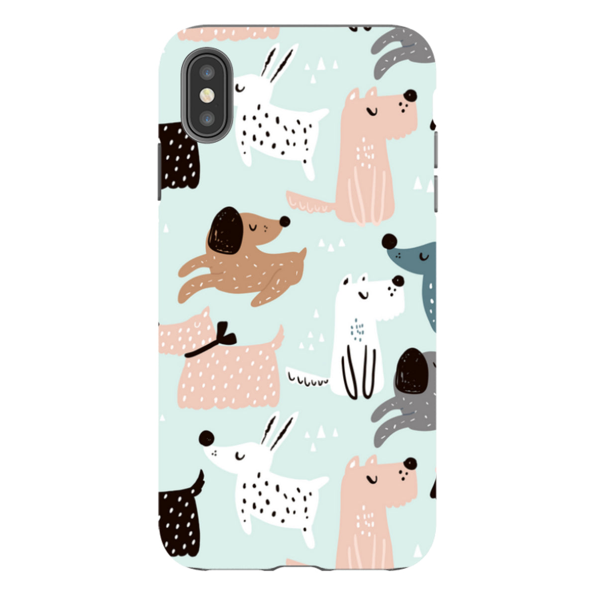 iPhone tough case with a light blue background and a playful pattern of colorful, hand-drawn dogs in various styles.