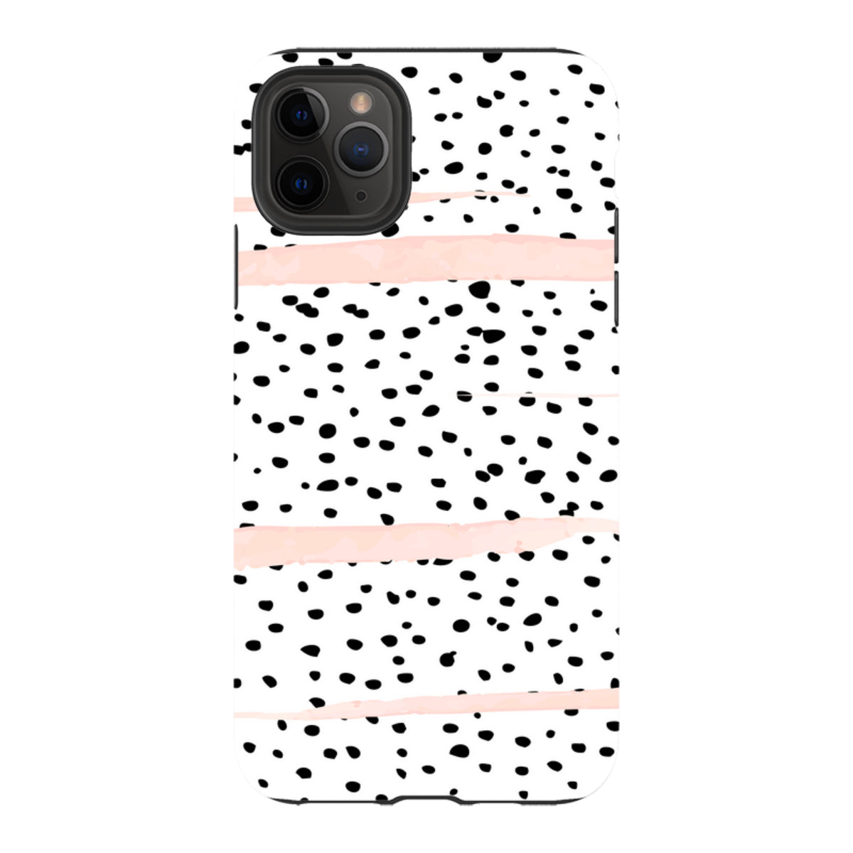 iPhone tough case featuring a white background with black polka dots and horizontal blush pink brush strokes.