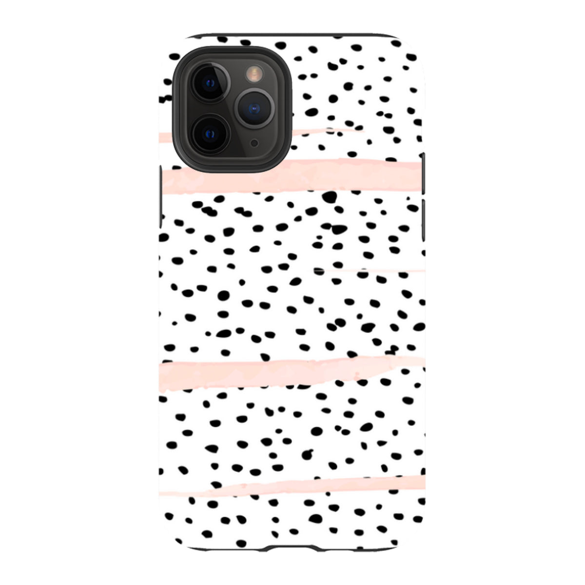 iPhone tough case with a white background, black polka dots, and horizontal blush pink brushstroke accents.