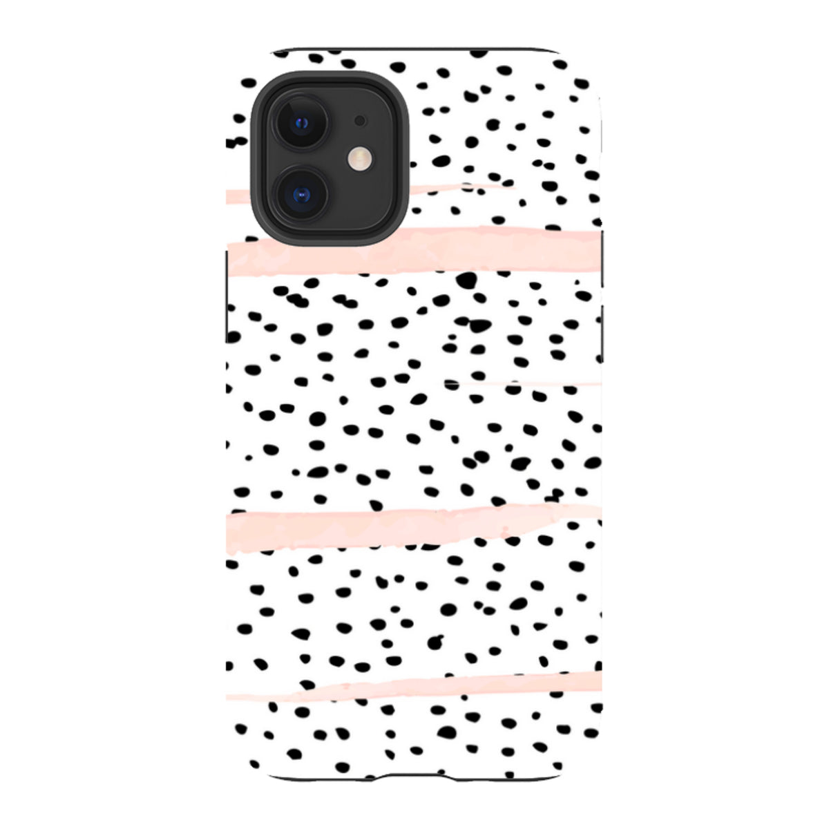 iPhone tough case featuring a white background with black polka dots and horizontal blush pink brush strokes.