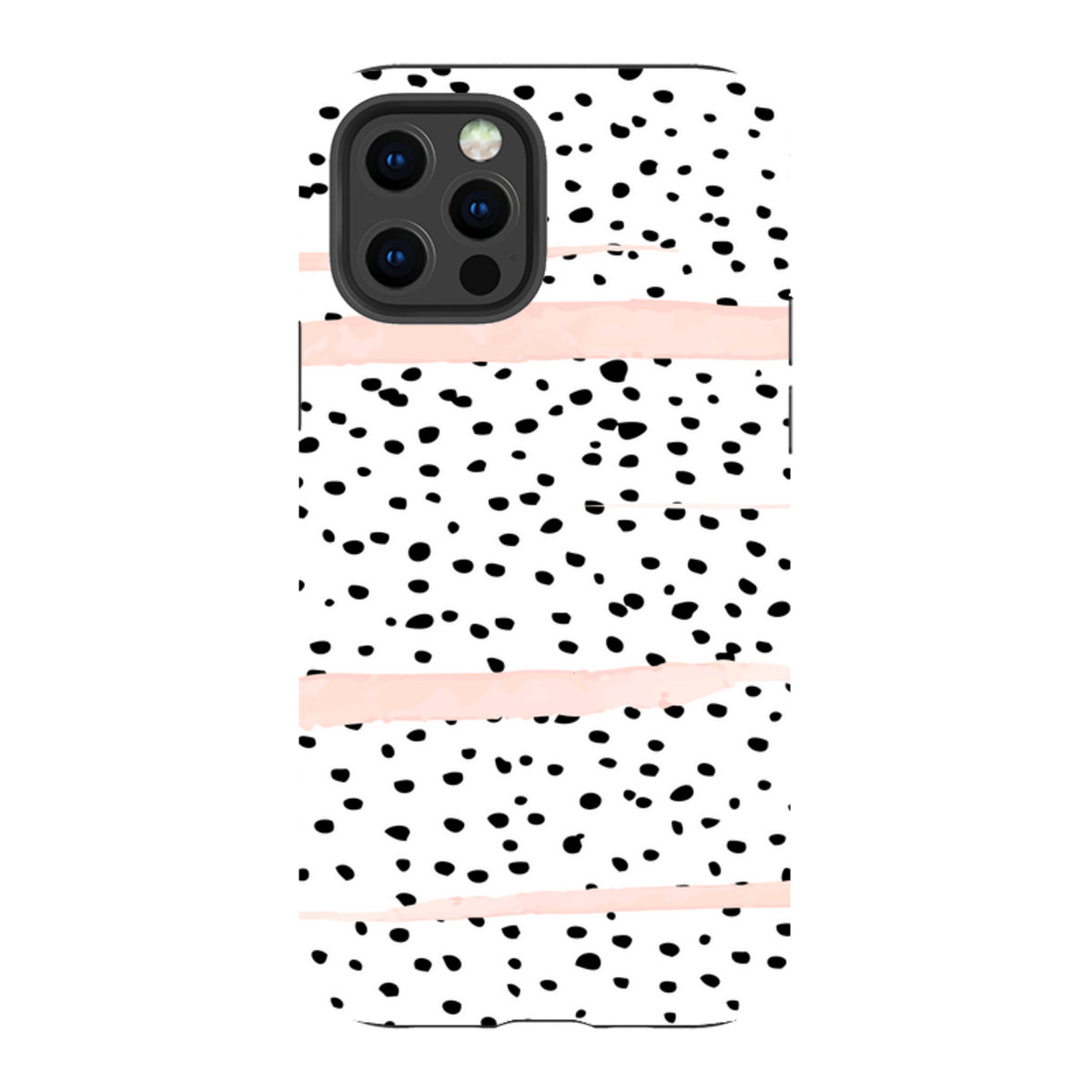 iPhone tough case with a white background, black polka dots, and horizontal blush pink brushstroke accents.