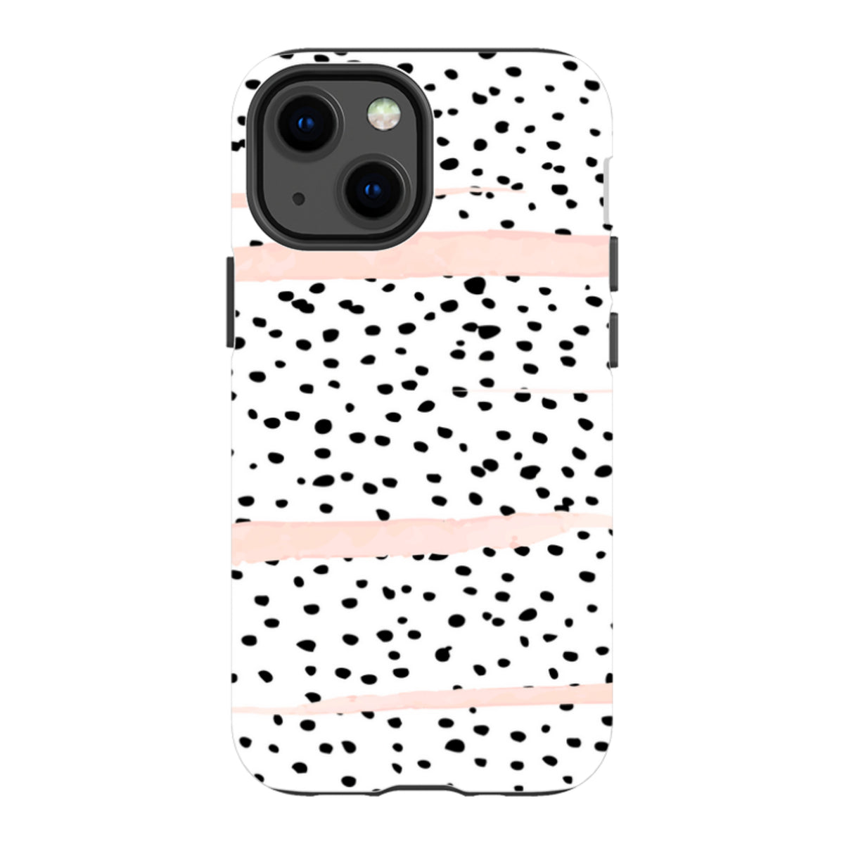iPhone tough case with a white background, black polka dots, and soft blush pink horizontal brush strokes.