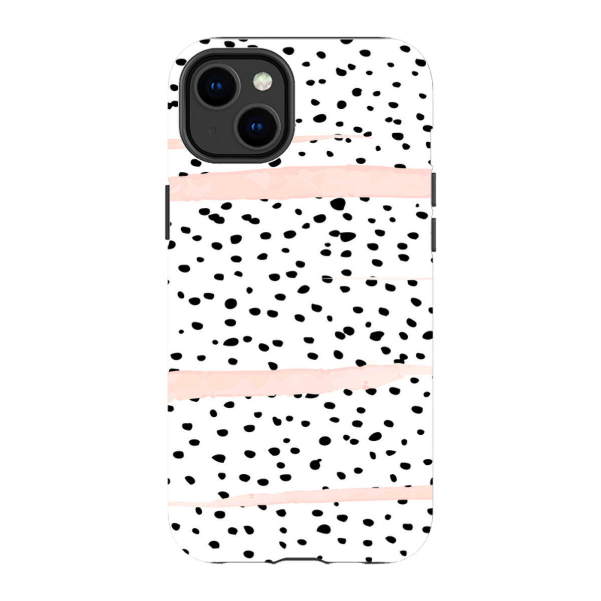 iPhone tough case with a white background, black polka dot pattern, and horizontal soft blush pink brush strokes.