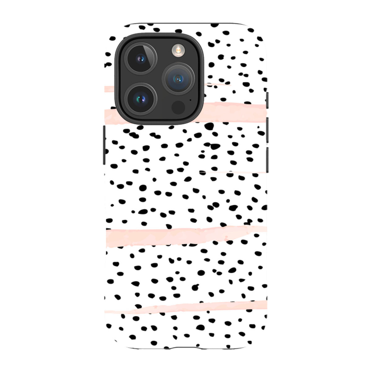 iPhone tough case featuring a white background with black polka dots and horizontal blush pink brushstrokes.