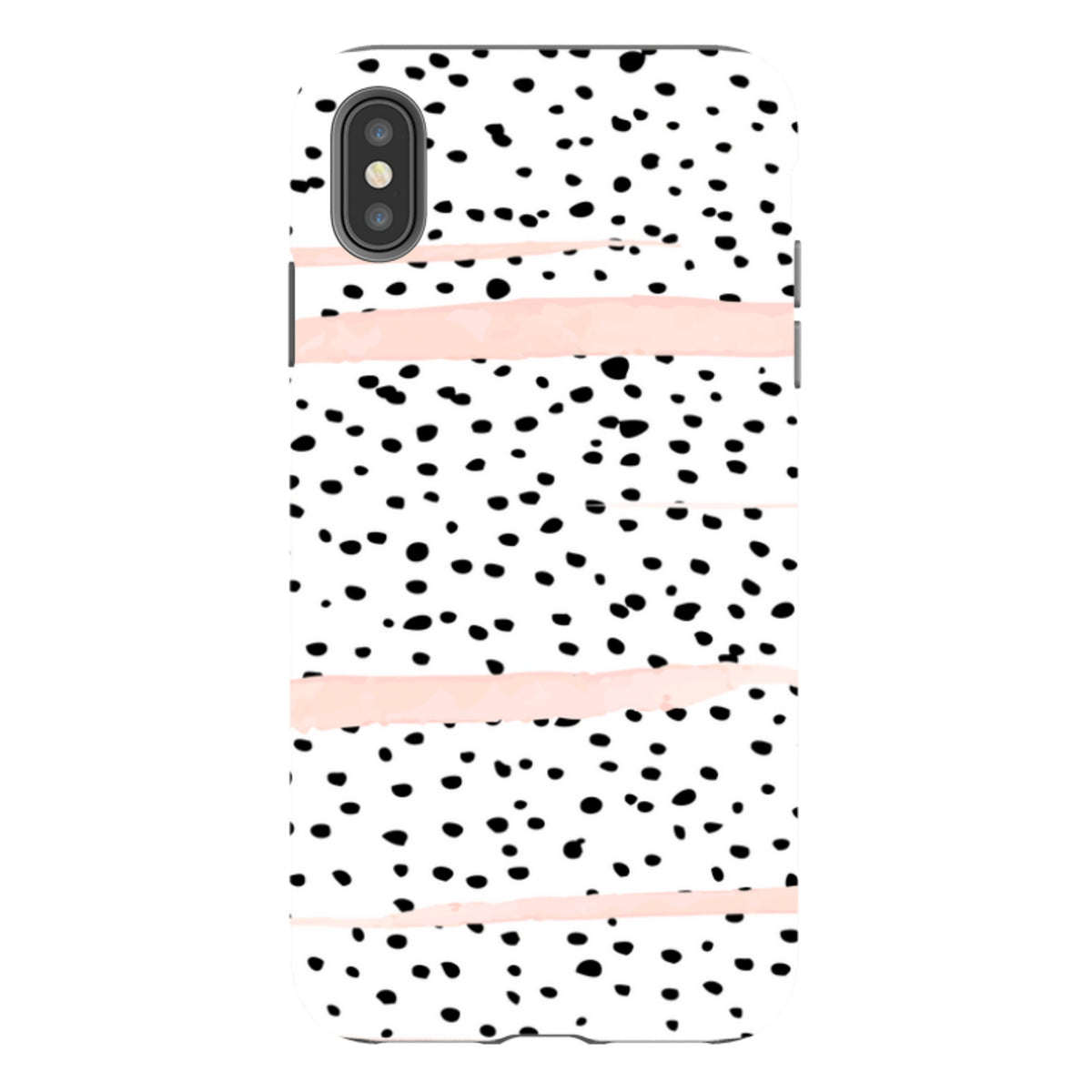 iPhone tough case featuring a white background with black polka dots and horizontal blush pink brush strokes.