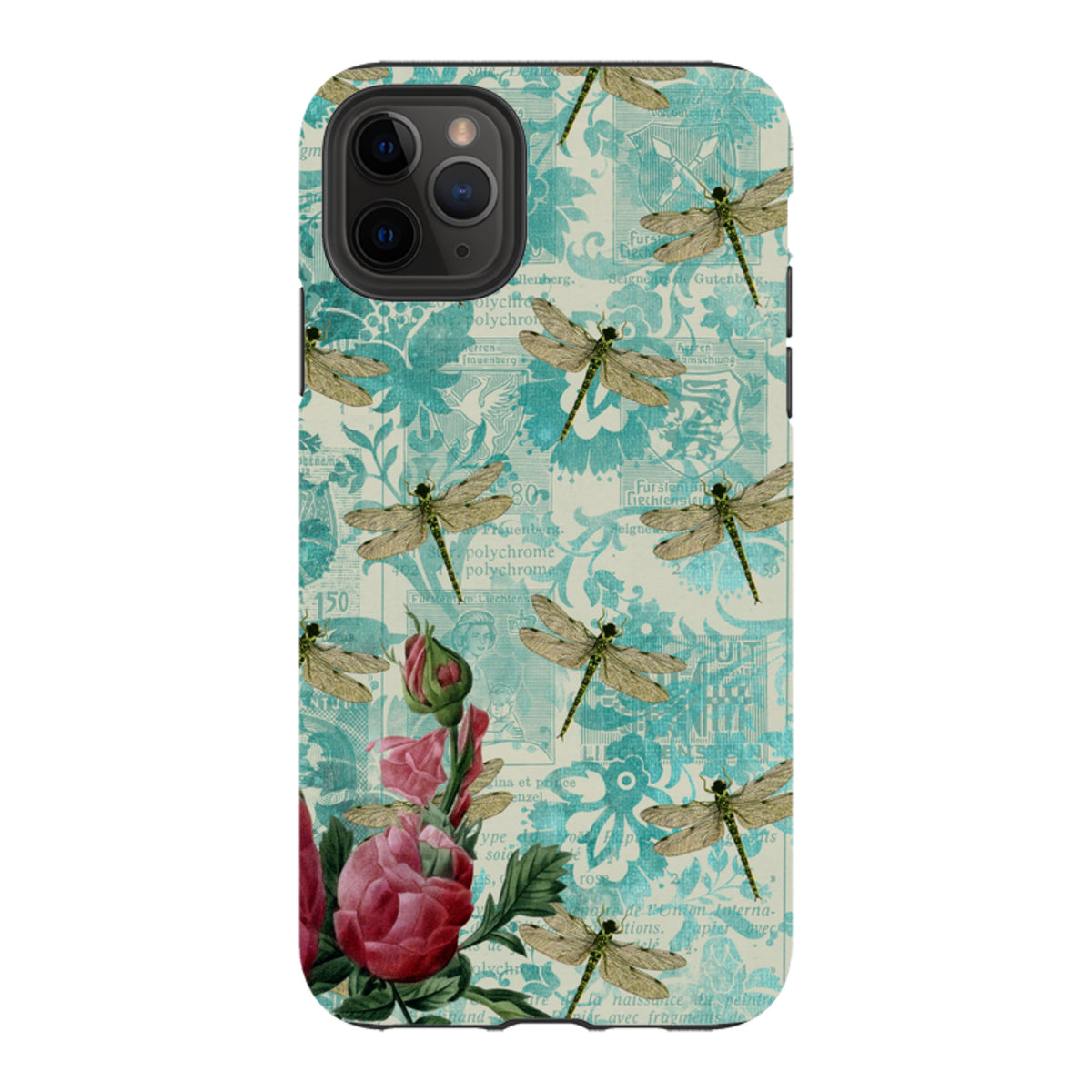 iPhone Tough Case featuring a teal vintage collage background with dragonflies and pink rose illustrations.