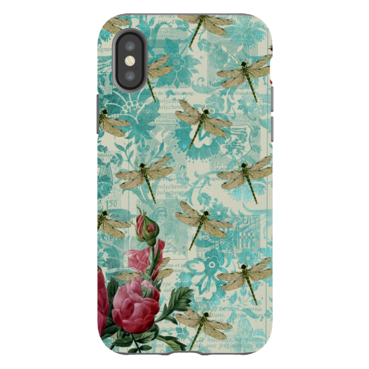 iPhone tough case featuring a teal vintage collage background with dragonflies and pink rose blossoms.