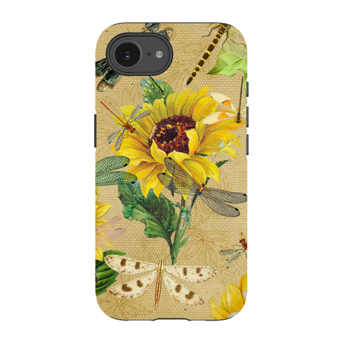 Dual-layer iPhone tough case featuring a vintage dragonfly and sunflower pattern on a tan honeycomb background.