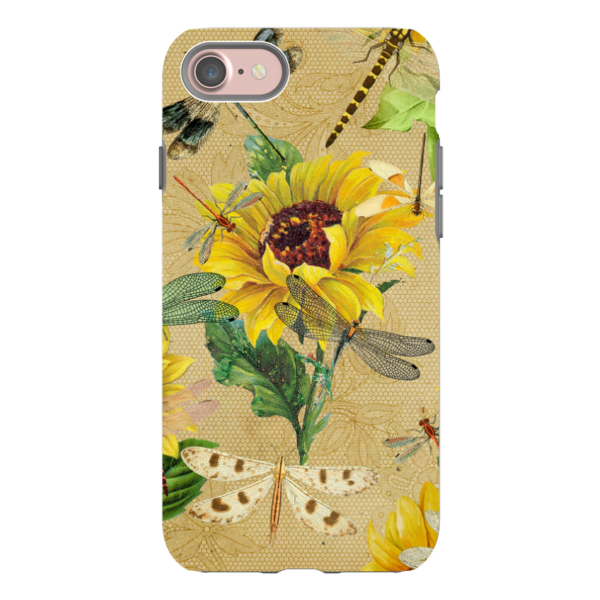 Dual-layer iPhone tough case featuring a vibrant dragonfly and sunflower pattern on a textured beige background.