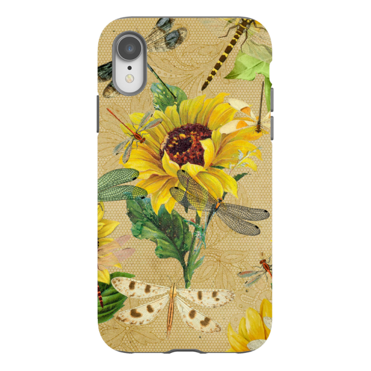 iPhone tough case featuring a yellow sunflower and dragonfly pattern on a tan, lace-textured background.
