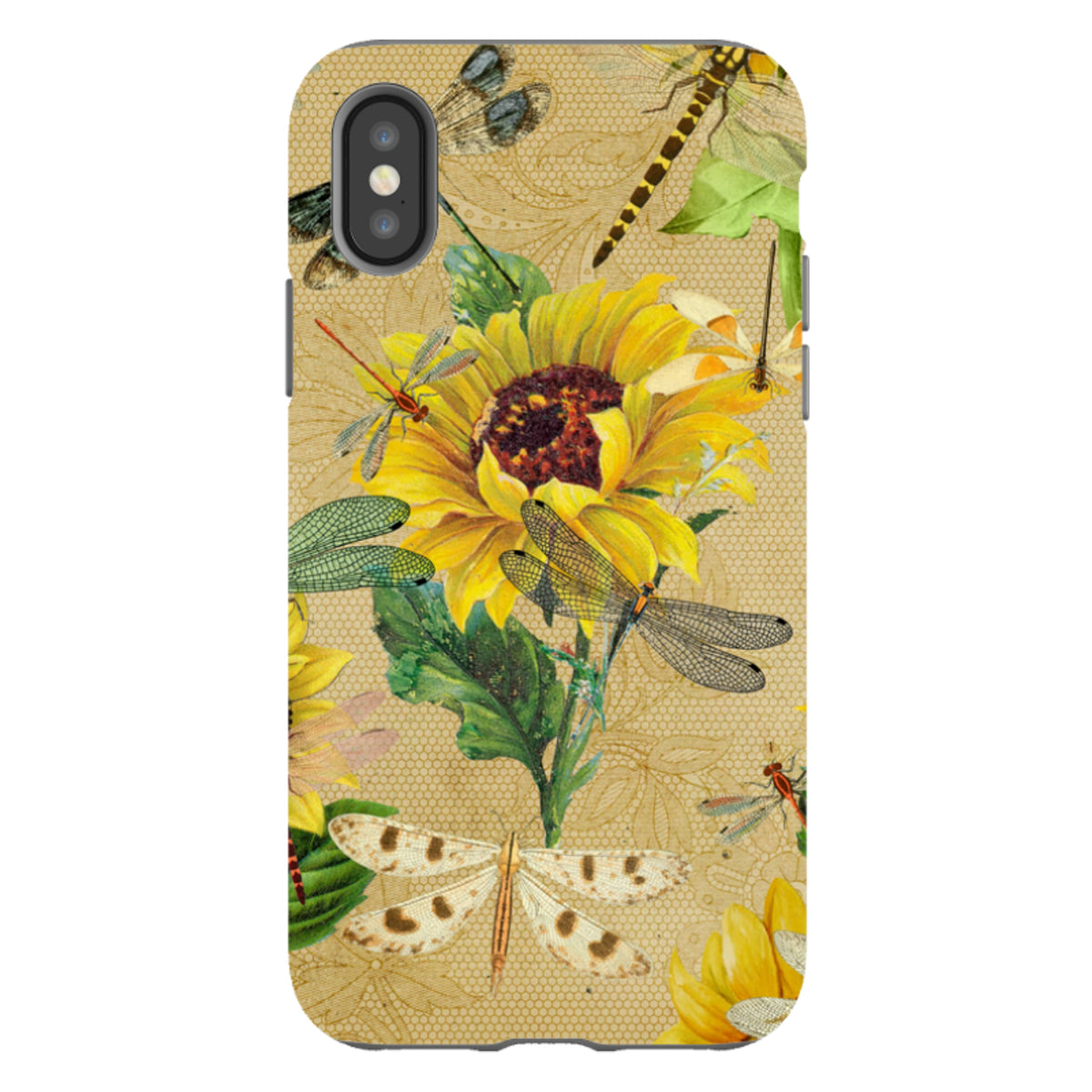 iPhone tough case featuring a vibrant dragonfly and sunflower pattern on a tan, honeycomb-textured background.
