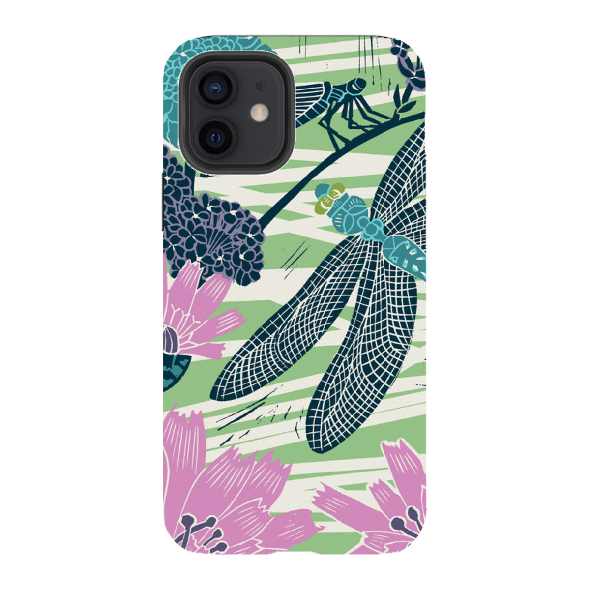 iPhone tough case featuring Kate Heiss dragonfly and floral art in teal, pink, and green on a dual-layer protective shell.