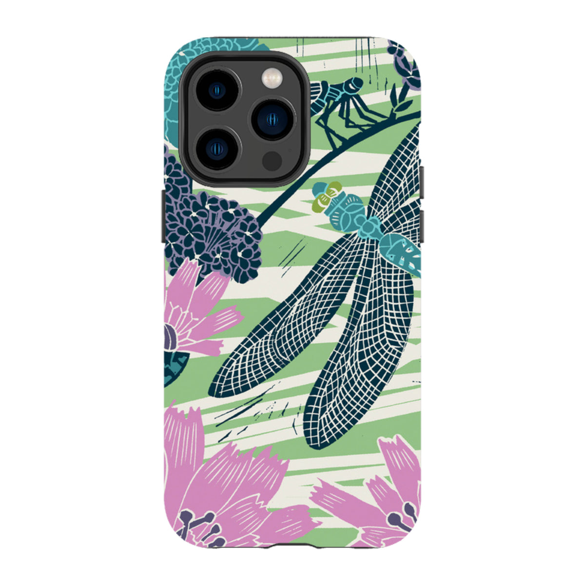 iPhone Tough Case featuring Kate Heiss dragonfly and floral art in teal, pink, and green on a durable dual-layer shell.
