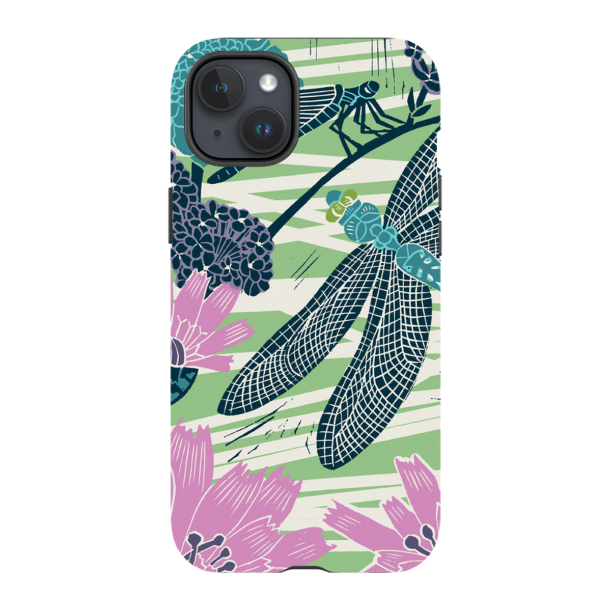 iPhone tough case featuring Kate Heiss dragonfly and floral art in teal, pink, and green on a durable dual-layer shell.