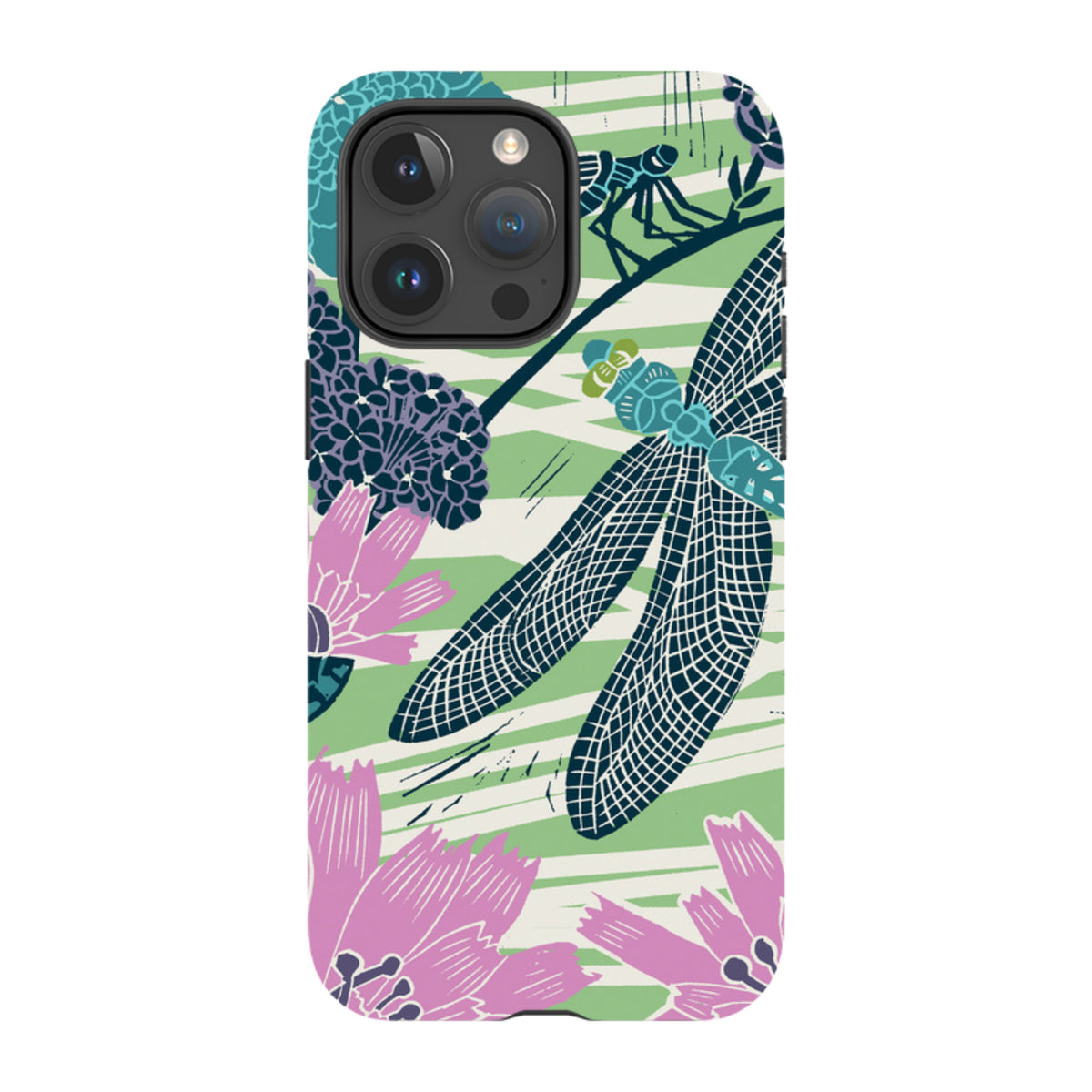 iPhone tough case with Kate Heiss dragonfly and floral art in teal, pink, and green on a durable dual-layer shell.