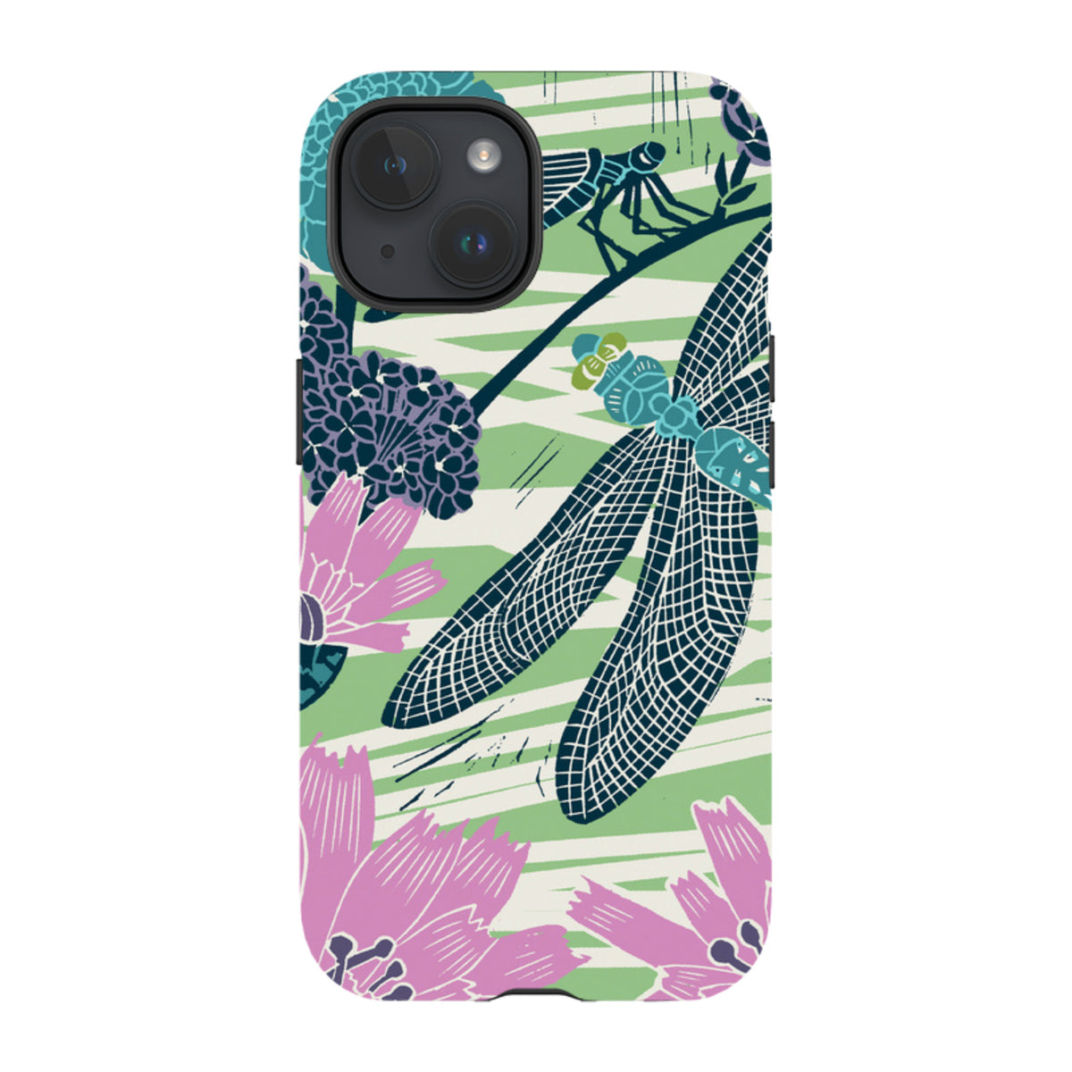 iPhone tough case featuring Kate Heiss dragonfly and floral art in teal, pink, and green on a white striped background.