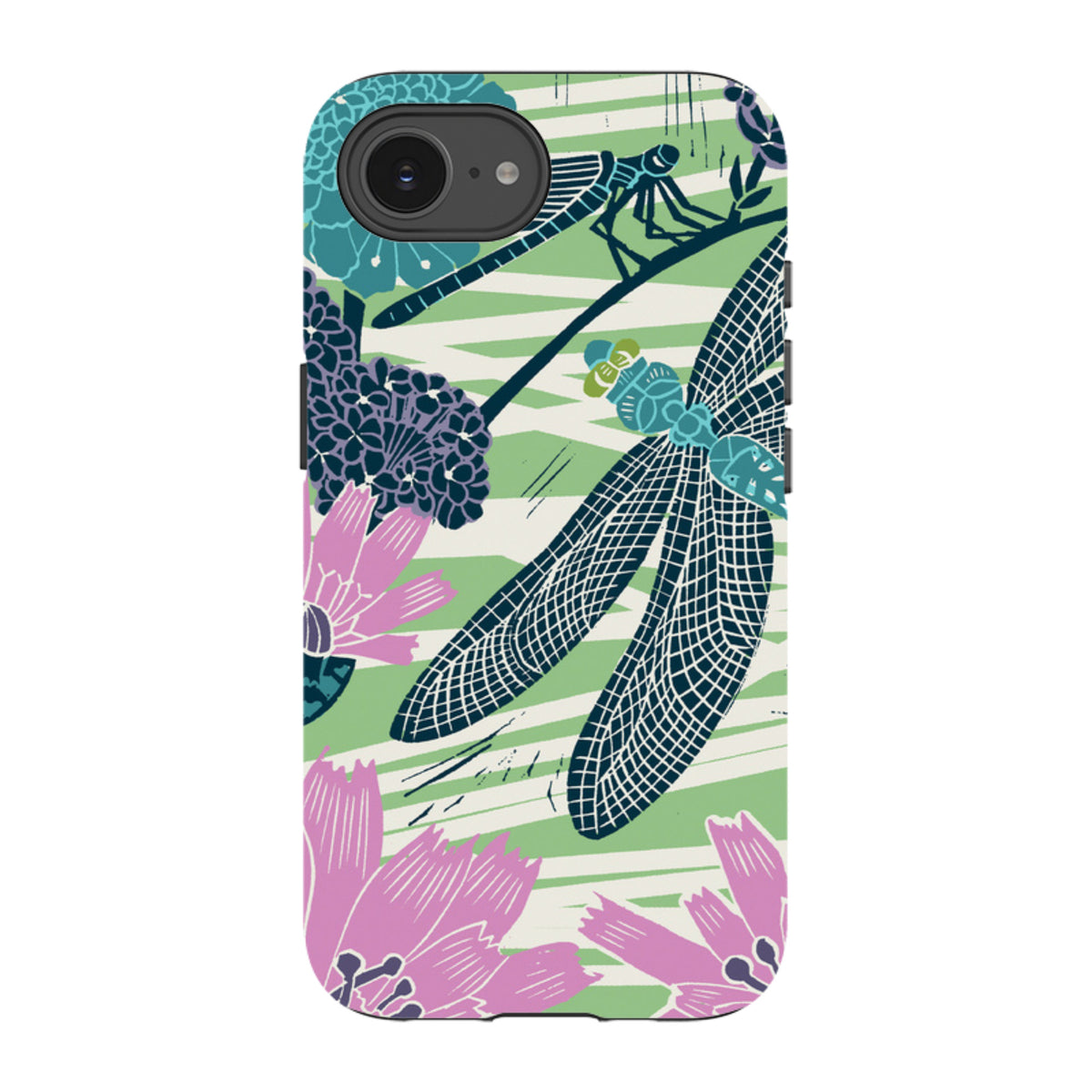 iPhone tough case featuring Kate Heiss dragonfly and floral art in teal, pink, and green on a dual-layer protective shell.