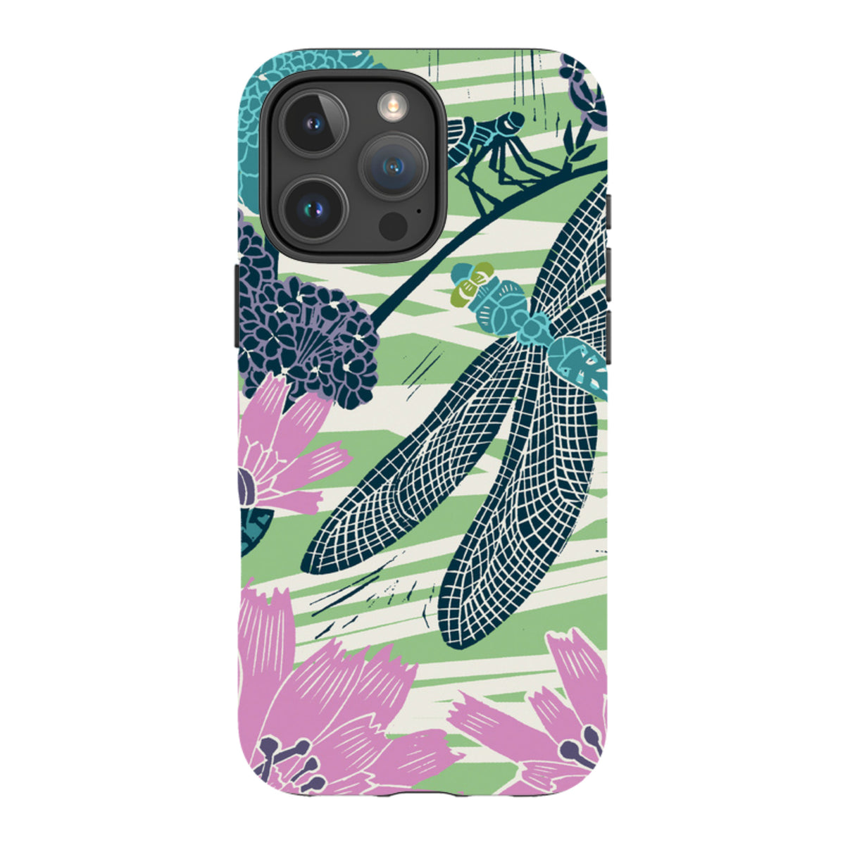 iPhone Tough Case featuring Kate Heiss dragonfly and floral art in teal, pink, and green on a durable dual-layer shell.