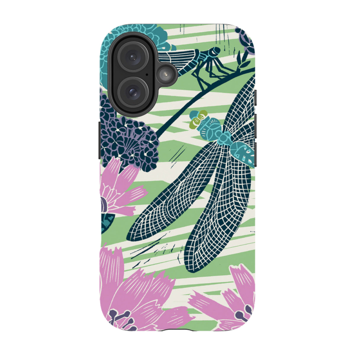 iPhone Tough Case featuring Kate Heiss dragonfly and floral art in teal, pink, and green on a dual-layer protective shell.