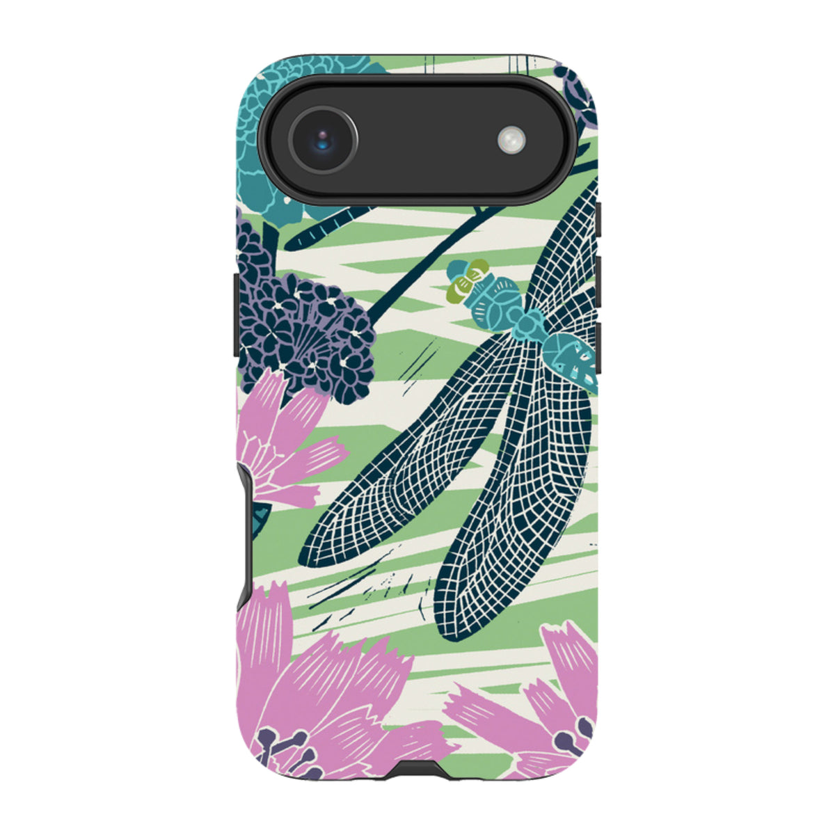 iPhone tough case featuring Kate Heiss dragonfly and floral art in teal, pink, and green with a protective black camera rim.