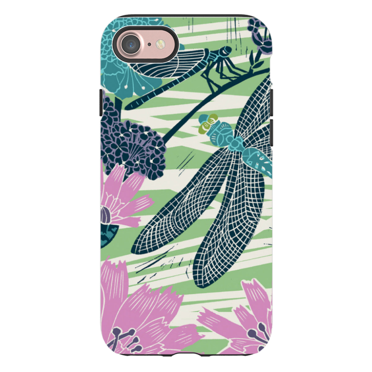 iPhone Tough Case featuring Kate Heiss dragonfly and floral artwork in blue, pink, and green on a dual-layer shell.