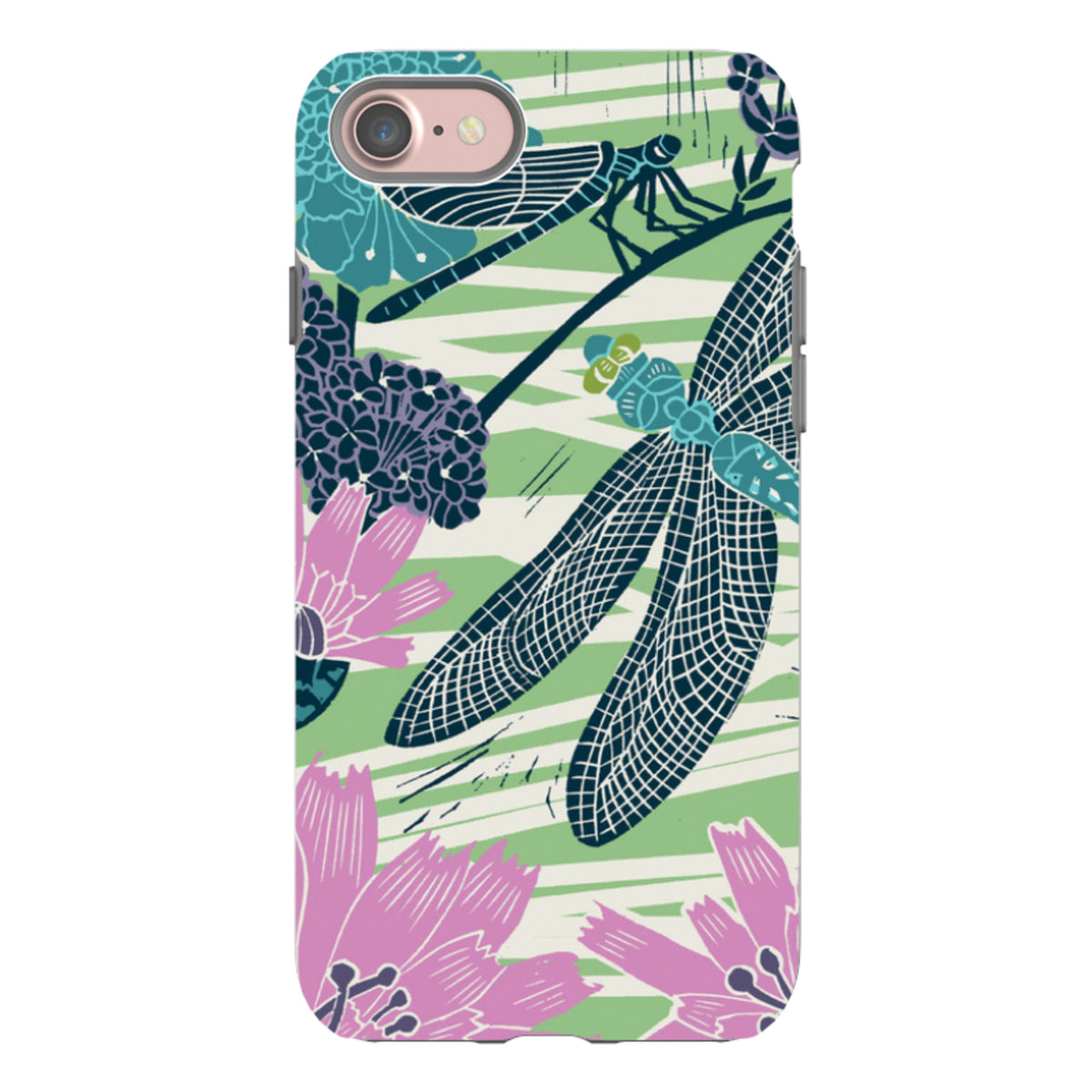 iPhone tough case featuring Kate Heiss dragonfly and floral art in teal, pink, and green on a durable dual-layer shell.