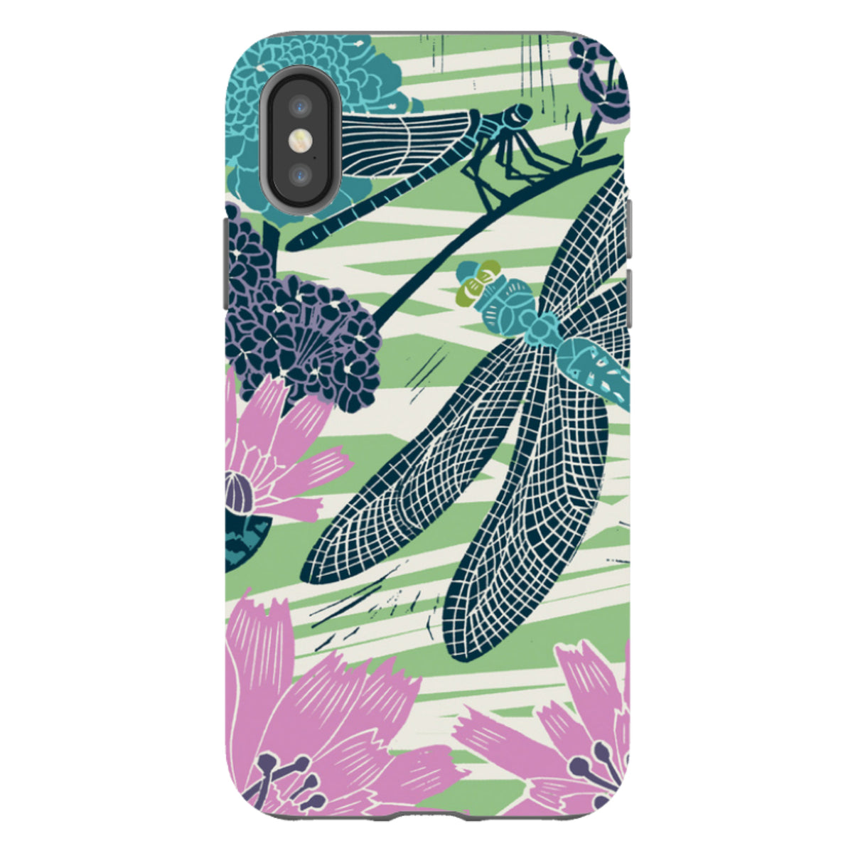 iPhone tough case featuring Kate Heiss dragonfly and floral art in teal, pink, and green on a dual-layer protective shell.