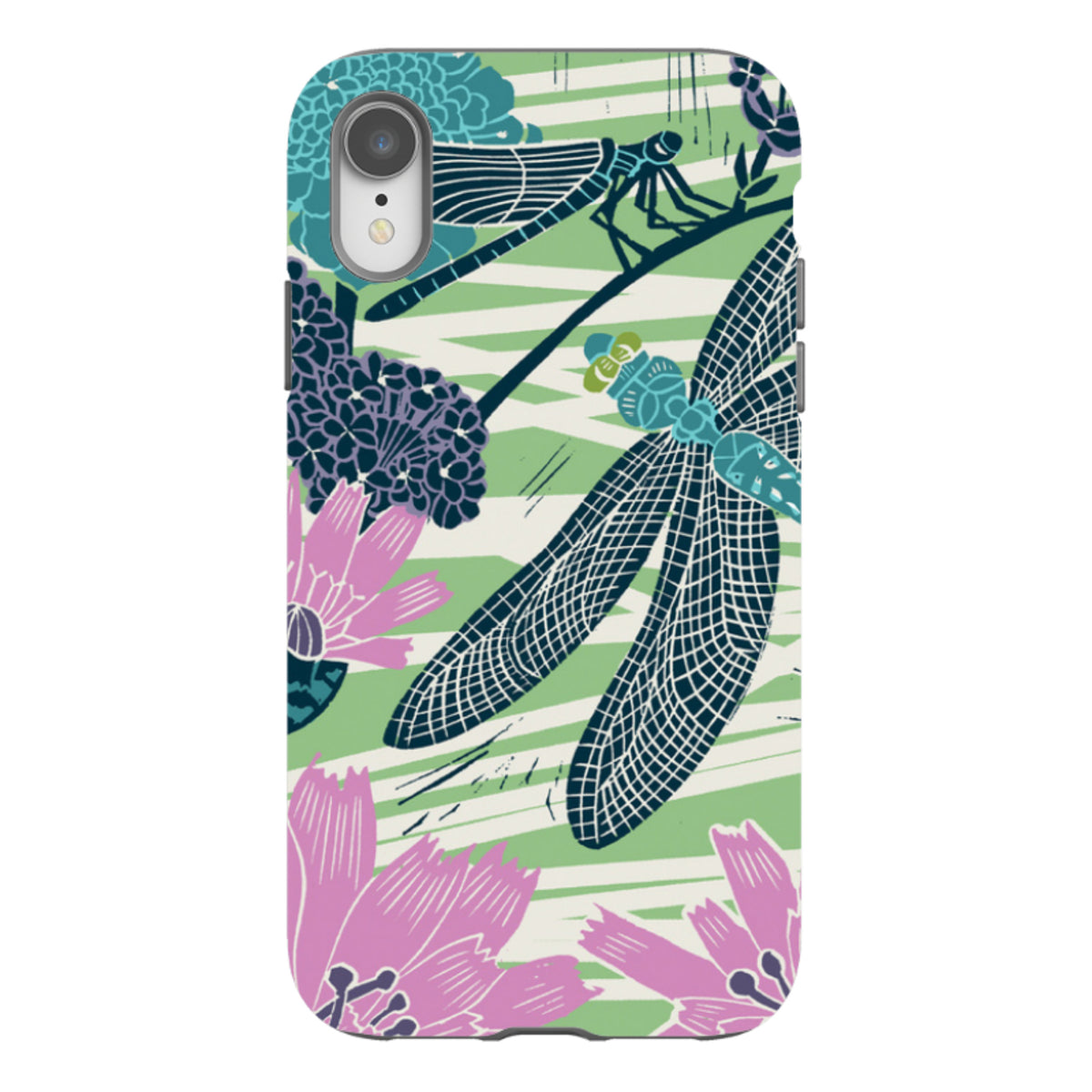 iPhone Tough Case featuring Kate Heiss dragonfly and floral art in teal, pink, and green on a durable dual-layer shell.