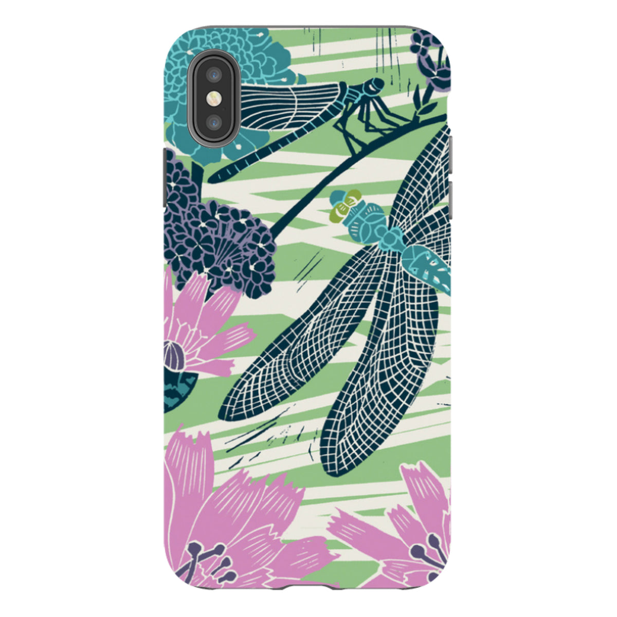 iPhone Tough Case featuring Kate Heiss dragonfly and floral art in teal, pink, and green on a durable dual-layer shell.