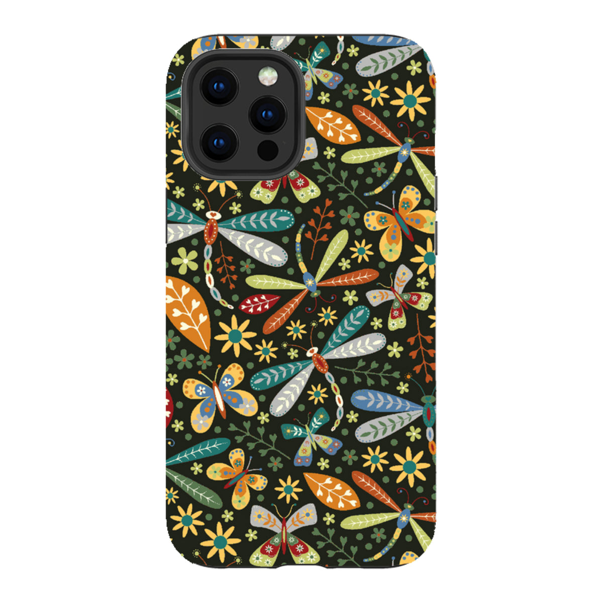 iPhone tough case with a colorful dragonfly and floral pattern on a dark background, featuring a dual-layer protective design.