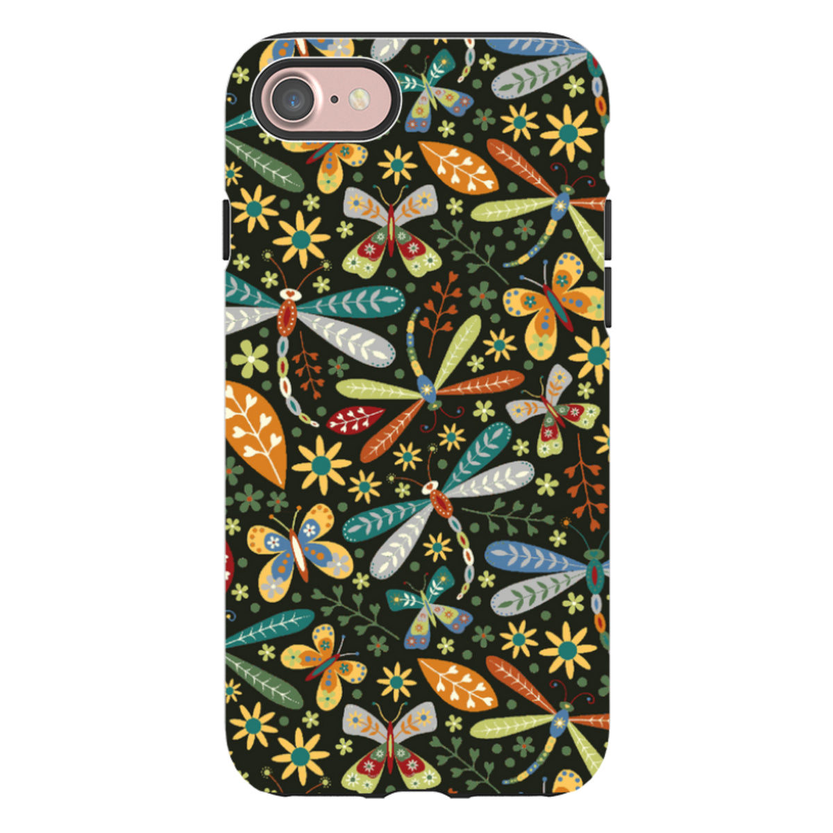 iPhone tough case featuring a colorful dragonfly and floral pattern on a black background with dual-layer protection.
