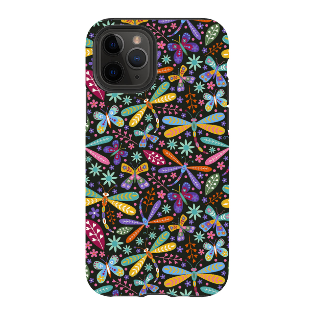 iPhone tough case featuring a colorful dragonfly and floral pattern on a black background with dual-layer protection.