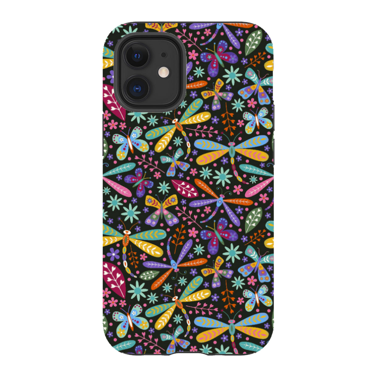 iPhone tough case with a colorful dragonfly and floral pattern on a black background, featuring a dual-layer protective design.