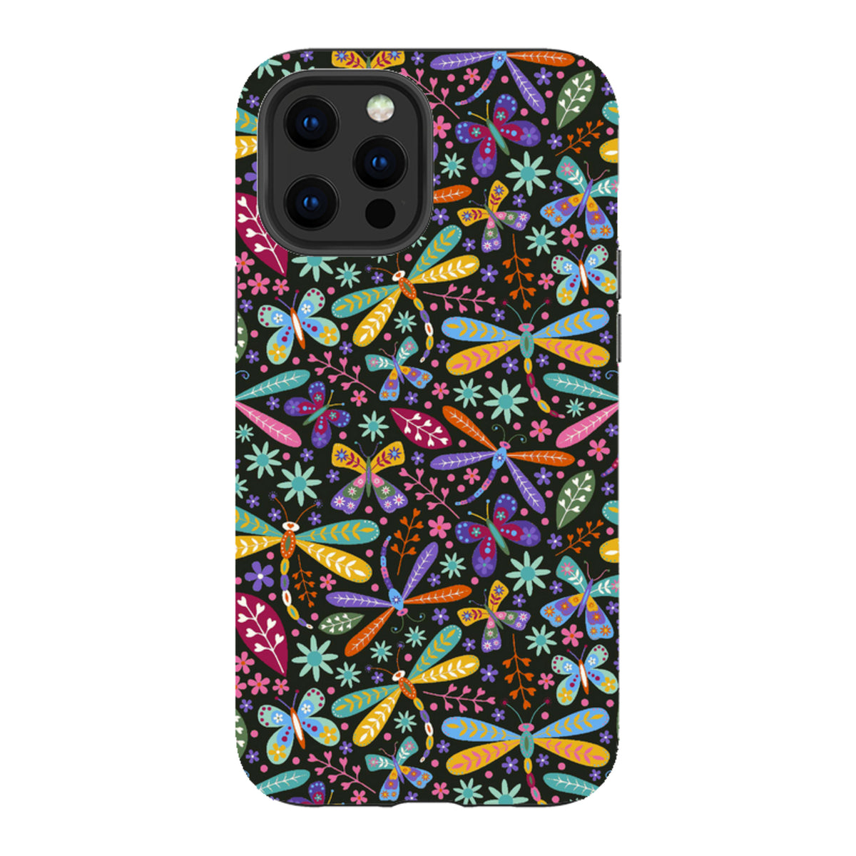 iPhone tough case with a colorful dragonfly and floral pattern on a black background, featuring a durable dual-layer design.