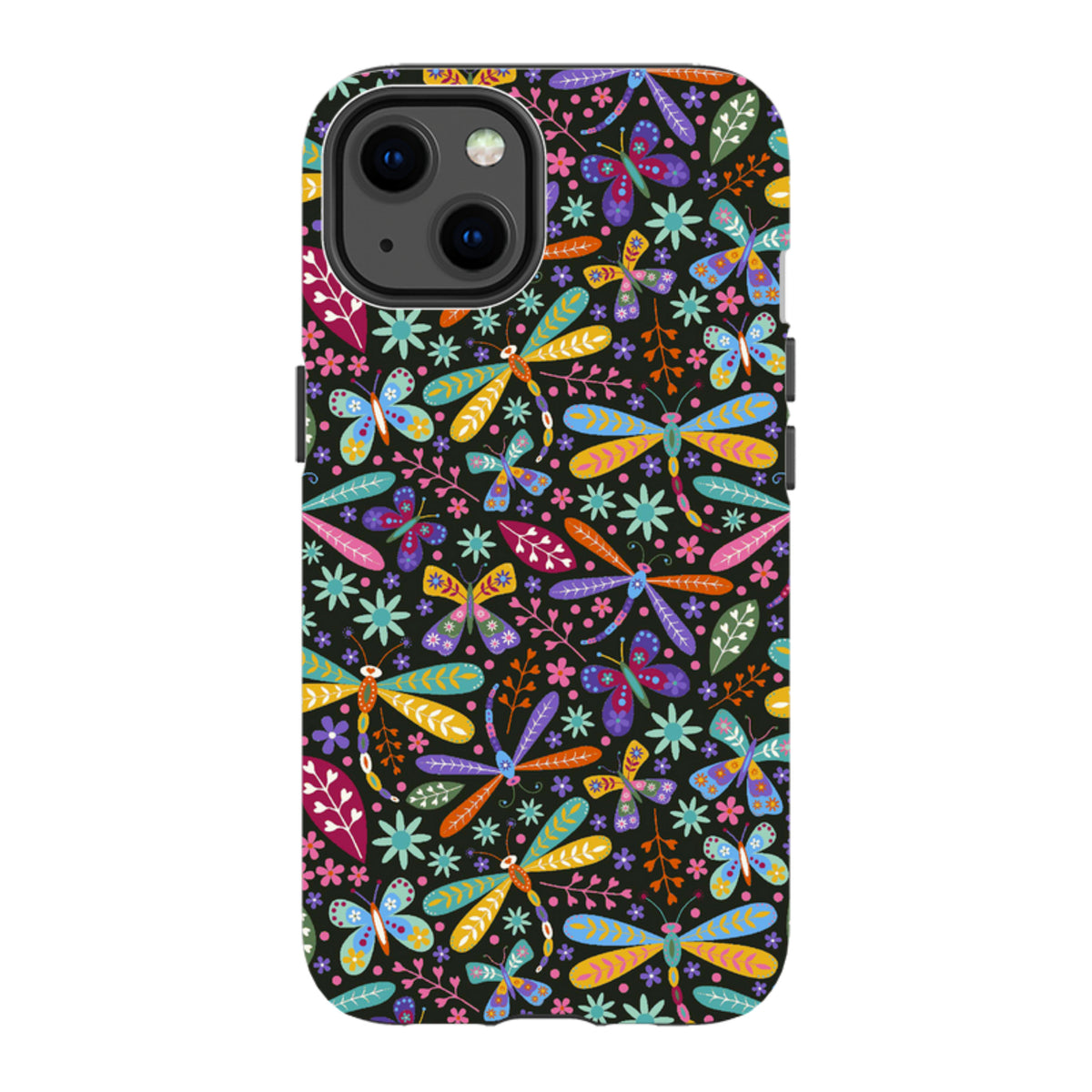 iPhone tough case with a vibrant, colorful dragonfly and floral pattern on a black background for dual-layer protection.