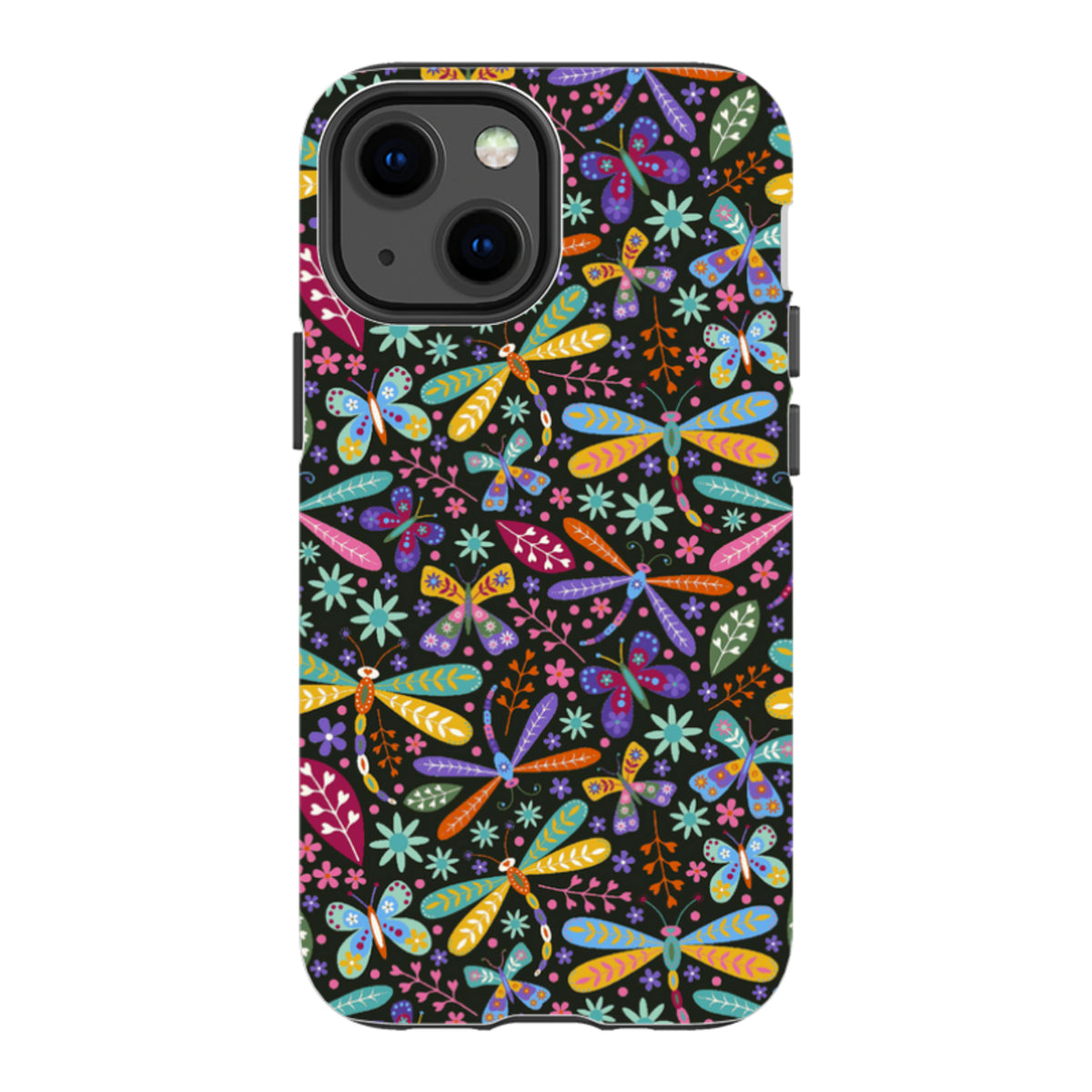 iPhone tough case with a colorful dragonfly and floral pattern on a black background, featuring dual-layer protection.