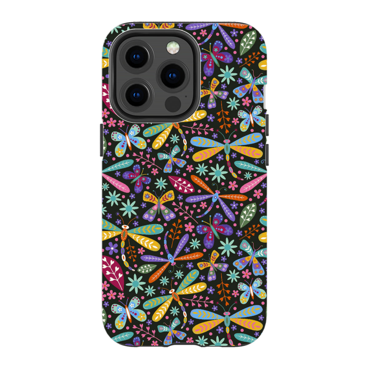 Dual-layer iPhone case featuring a vibrant, multicolored dragonfly and floral pattern on a black background.