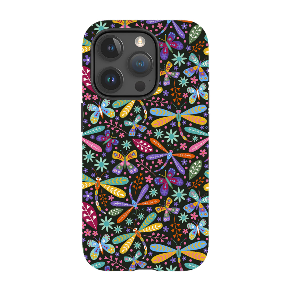 iPhone tough case featuring a colorful dragonfly and floral pattern on a black background with dual-layer protection.
