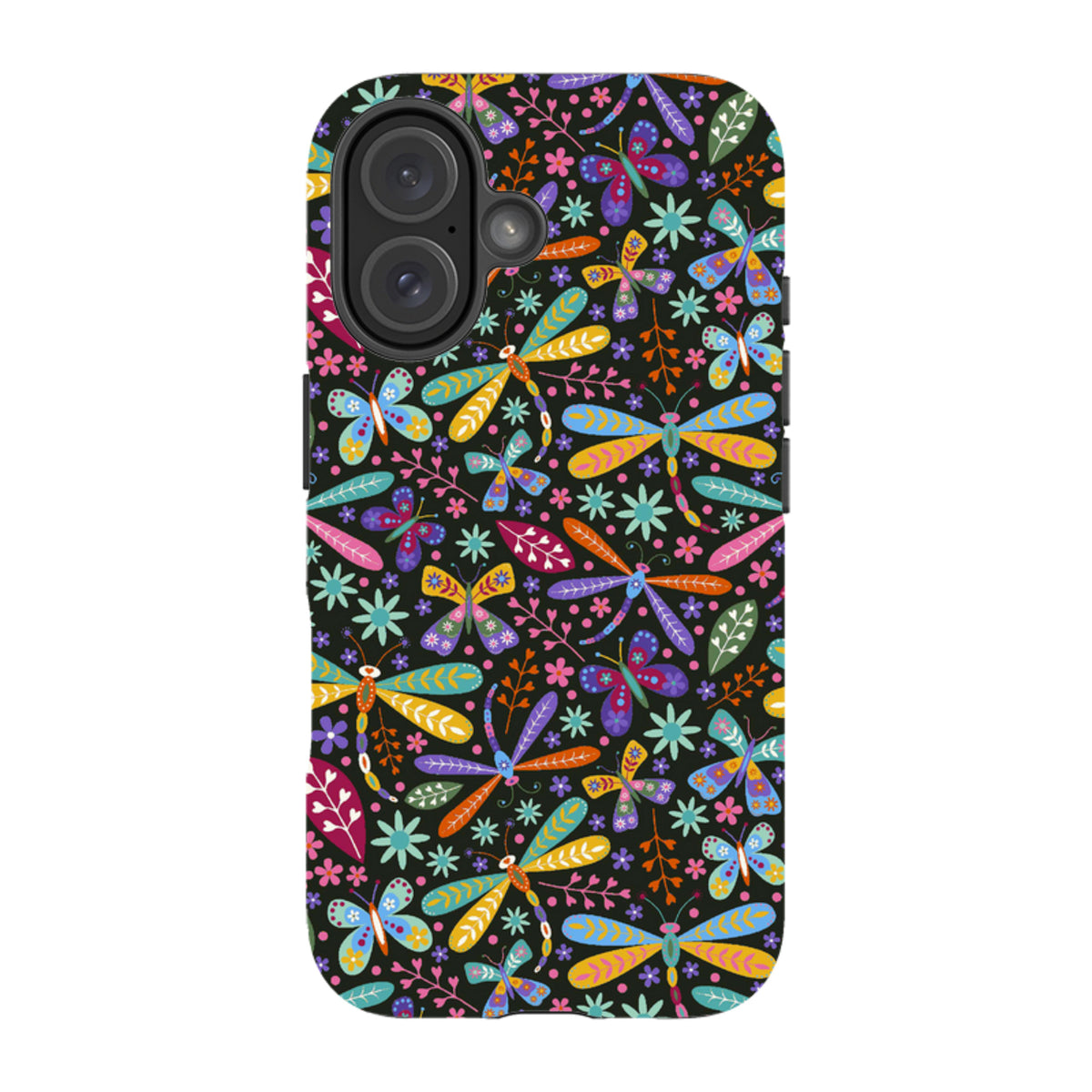 iPhone tough case with a colorful dragonfly and floral pattern on a black background, featuring dual-layer protection.
