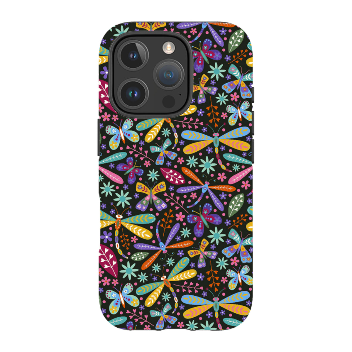 iPhone tough case with a colorful dragonfly and floral pattern on a black background, featuring a durable dual-layer design.