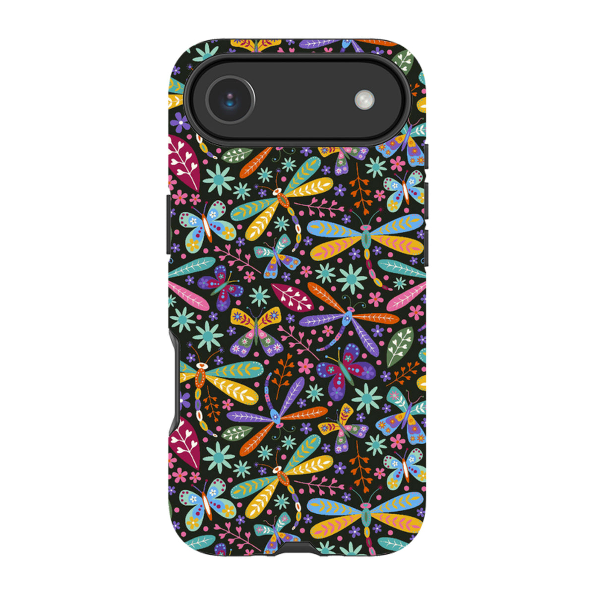 iPhone tough case with a colorful dragonfly and floral pattern on a black background and shock-absorbing inner liner.