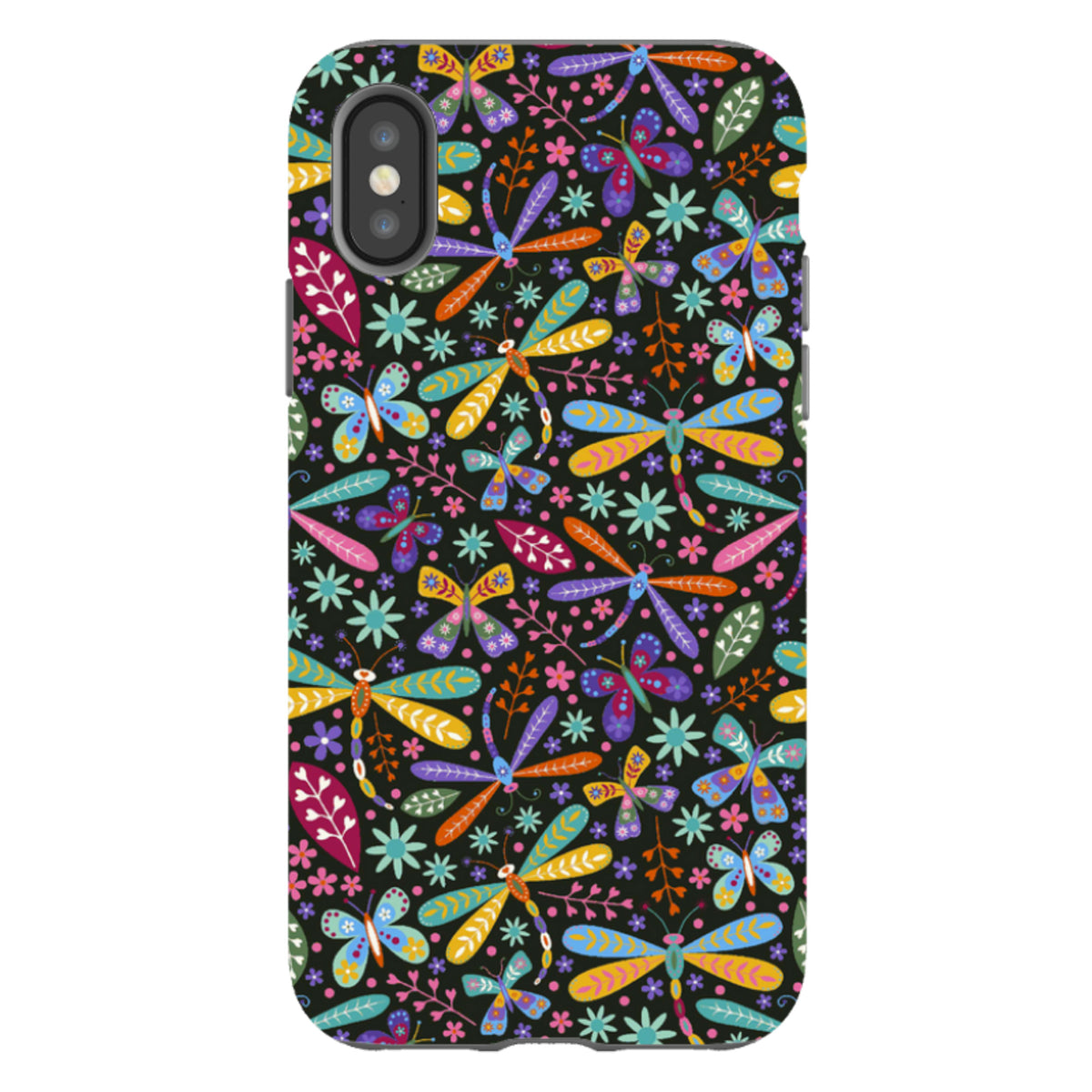 Dual-layer iPhone tough case with a colorful, high-definition dragonfly and floral pattern on a black background.